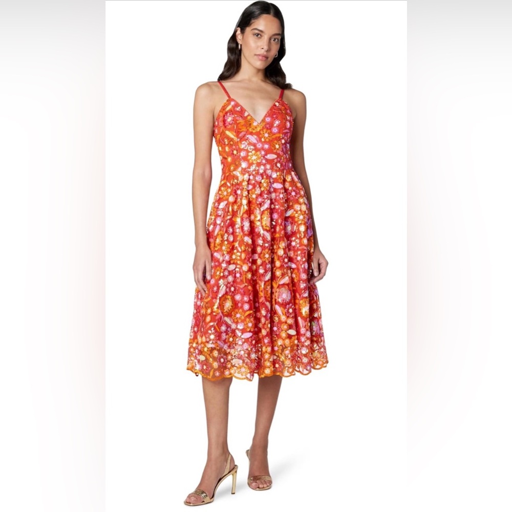 NWT Dress the Population Maren Embroidered Fit & Flare Midi Dress Poppy Multi, M